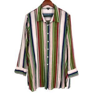 Shana Sz XL Wearable Art to Wear Green Stripe Artsy Floral Blouse Shirt Top